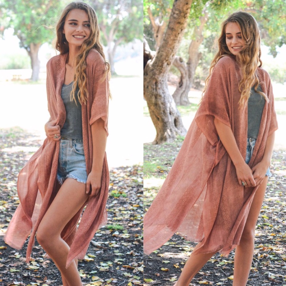 Boho Coral Frayed Hem Kimono Cover up